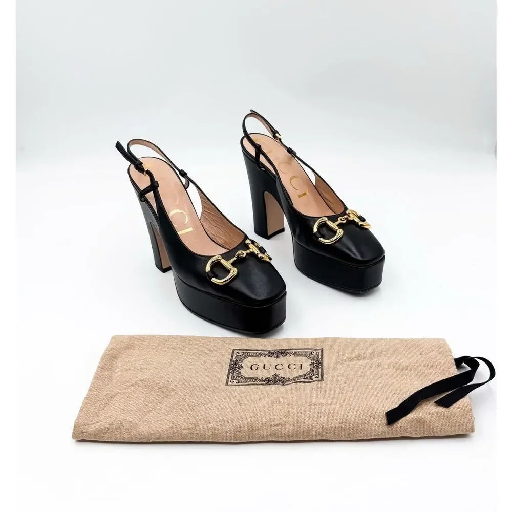 Gucci Horsebit Baby120 Platform Pumps EU 37 US 7 Black Leather Slingback